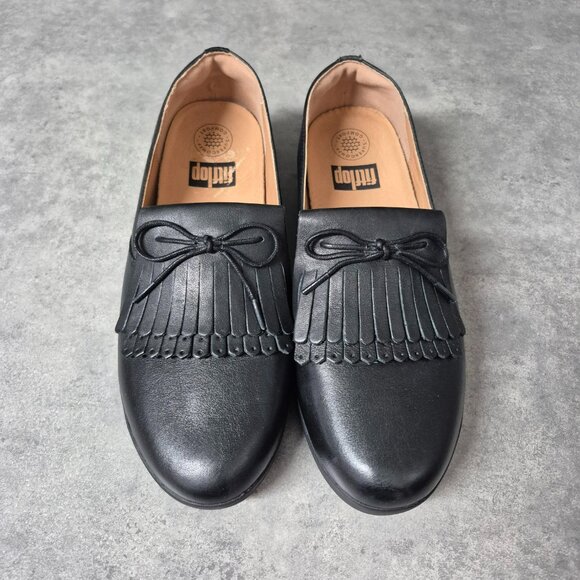 8.5 Fitflop Black Leather Fringed Kiltie Loafers - Picture 2 of 9